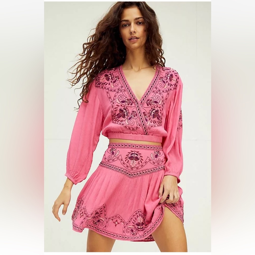 Free People Pink Embroidered Skirt Set